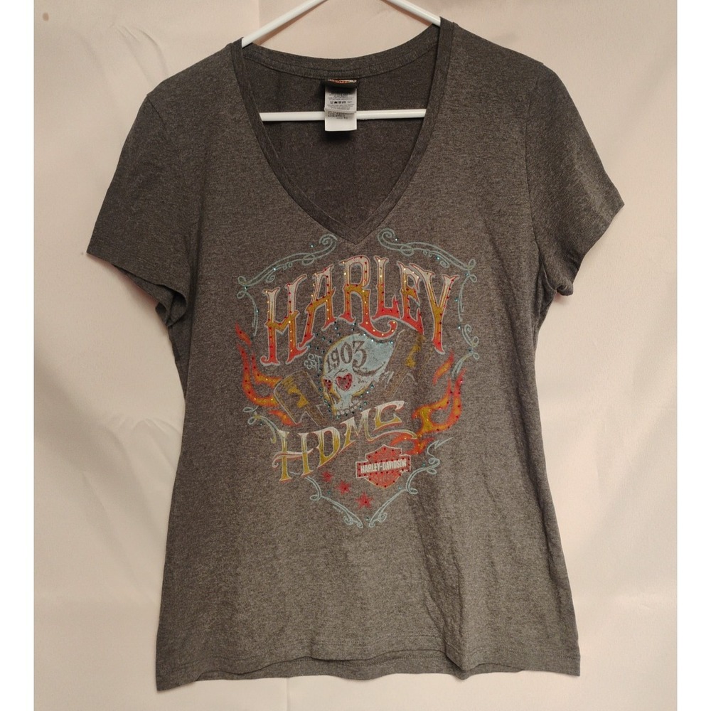Harley Davidson Womens Juniors XL Vneck Short Sleeve Tshirt Lancaster‎ CA Skull